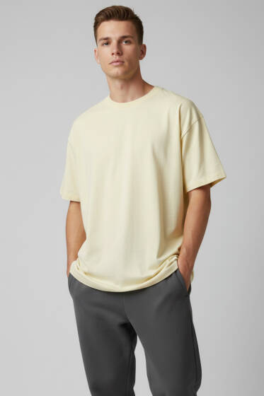 Kısa Kollu Oversize Erkek Tişört Sarı - Erkek T-shirt