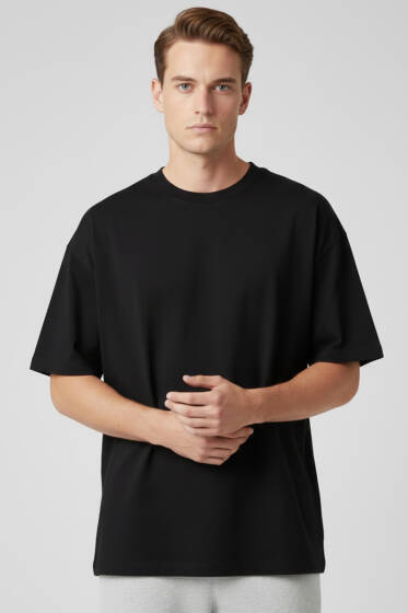 Kısa Kollu Oversize Erkek Tişört Siyah - Erkek T-shirt