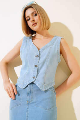 Kısa Kot Yelek Açık Mavi - Kadın Giyim Modelleri