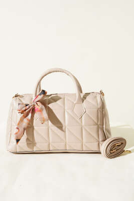 Kısa Kulplu Fularlı Kadın El Çantası Bej - Kol Çantası