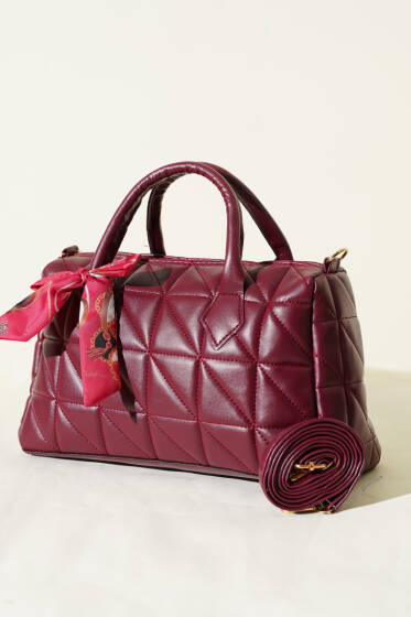 Kısa Kulplu Fularlı Kadın El Çantası Bordo - Kol Çantası