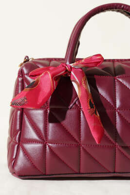 Kısa Kulplu Fularlı Kadın El Çantası Bordo - Kol Çantası