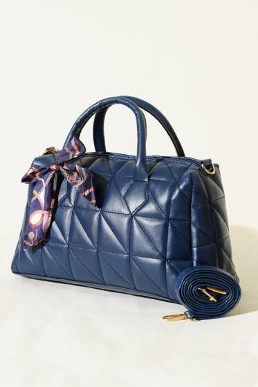 Kısa Kulplu Fularlı Kadın El Çantası Lacivert - Kol Çantası