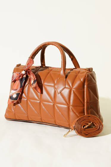 Kısa Kulplu Fularlı Kadın El Çantası Taba - Kol Çantası