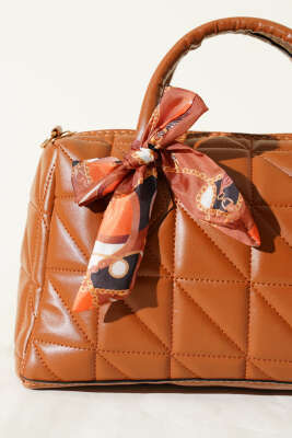 Kısa Kulplu Fularlı Kadın El Çantası Taba - Kol Çantası