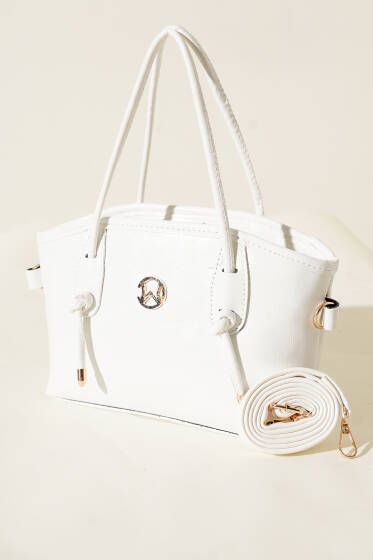 Kısa Kulplu Metal Armalı Çanta Beyaz - Kol Çantası