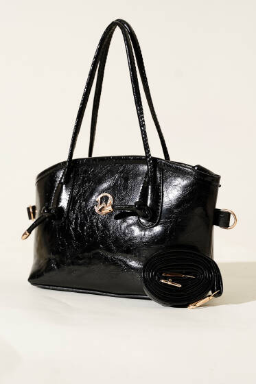 Kısa Kulplu Metal Armalı Çanta Siyah - Kol Çantası