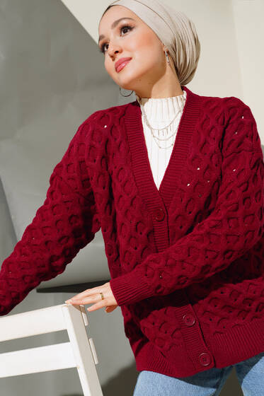 Kısa Örgü Triko Hırka Bordo - Triko Hırka