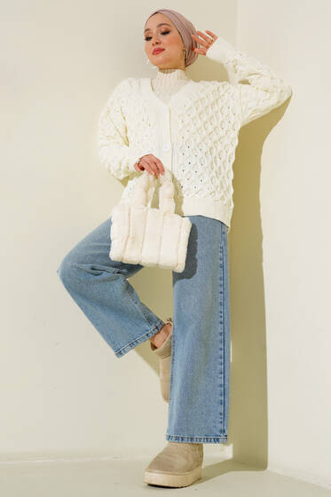 Kısa Örgü Triko Hırka Ekru - Triko Hırka