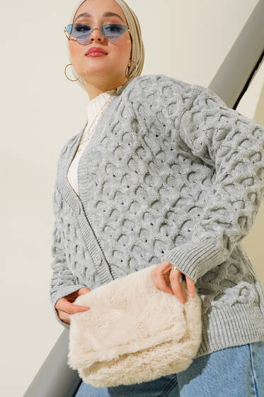 Kısa Örgü Triko Hırka Gri - Triko Hırka