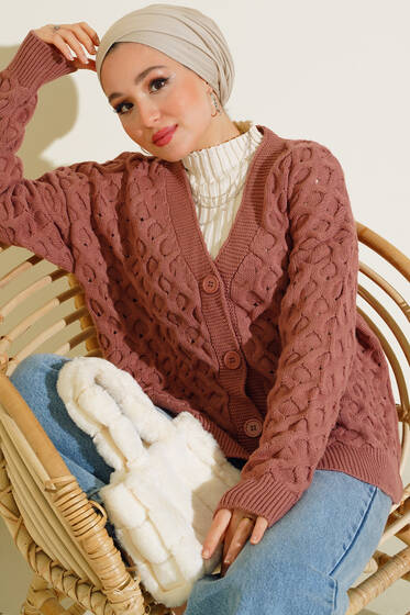 Kısa Örgü Triko Hırka Gül Kurusu - Triko Hırka