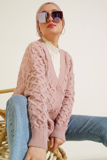 Kısa Örgü Triko Hırka Pudra - Triko Hırka