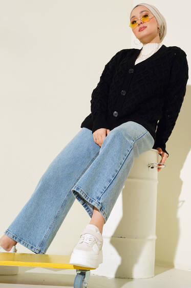 Kısa Örgü Triko Hırka Siyah - Triko Hırka