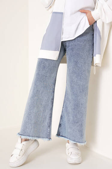 Kısa Püsküllü Kot Pantolon Açık Kar - Kot Pantolon