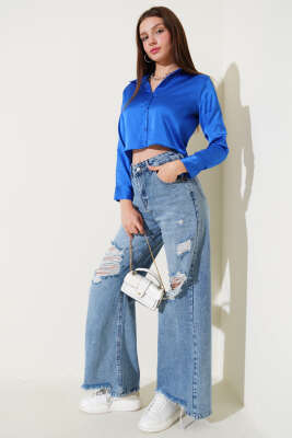 Kısa Saten Gömlek Saks - Kadın Giyim Modelleri