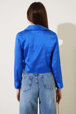 Kısa Saten Gömlek Saks - Kadın Giyim Modelleri