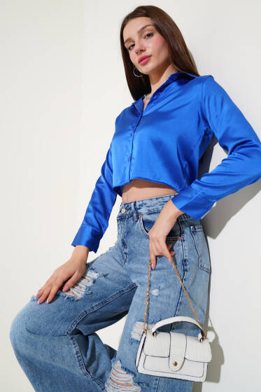 Kısa Saten Gömlek Saks - Yeni Giyim