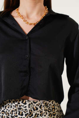 Kısa Saten Gömlek Siyah - Kadın Giyim Modelleri