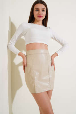 Kısa Yırtmaçlı Deri Etek Bej - Kadın Giyim Modelleri