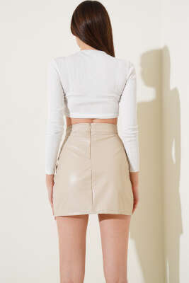 Kısa Yırtmaçlı Deri Etek Bej - Kadın Giyim Modelleri