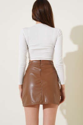 Kısa Yırtmaçlı Deri Etek Taba - Kadın Giyim Modelleri
