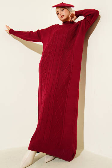 Kıvrım Örgülü Triko Elbise Bordo - Elbise