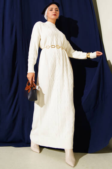 Kıvrım Örgülü Triko Elbise Ekru - Elbise