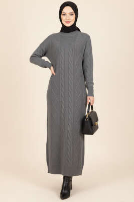 Kıvrım Örgülü Triko Elbise Füme - RAFİMİX
