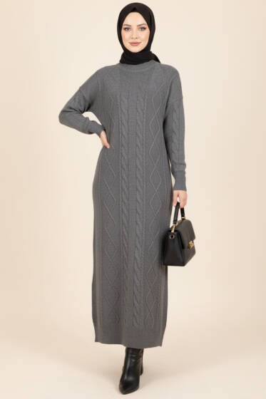 Kıvrım Örgülü Triko Elbise Füme - Elbise