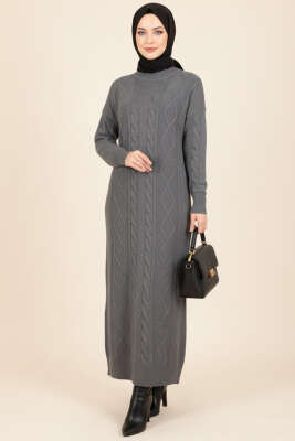 Kıvrım Örgülü Triko Elbise Füme - Elbise