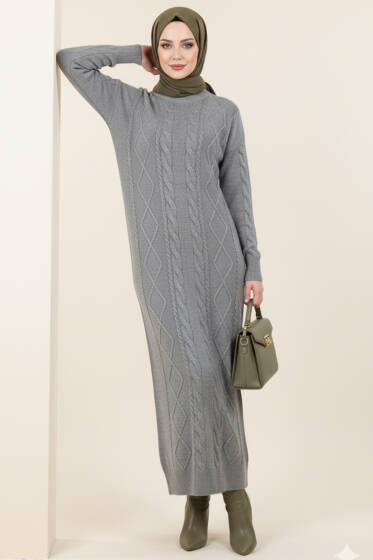 Kıvrım Örgülü Triko Elbise Gri - Elbise