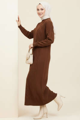 Kıvrım Örgülü Triko Elbise Kahve - RAFİMİX