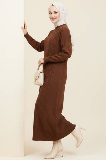 Kıvrım Örgülü Triko Elbise Kahve - Elbise