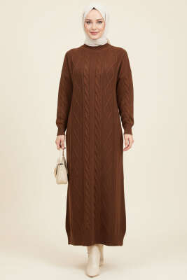 Kıvrım Örgülü Triko Elbise Kahve - Elbise