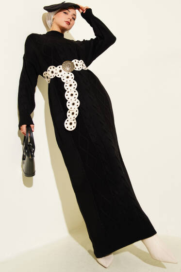 Kıvrım Örgülü Triko Elbise Siyah - Elbise