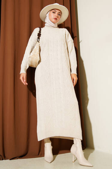 Kıvrım Örgülü Triko Elbise Taş - Elbise