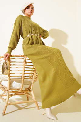 Kıvrım Örgülü Triko Elbise Yağ Yeşili - RAFİMİX