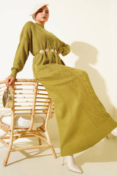 Kıvrım Örgülü Triko Elbise Yağ Yeşili - Elbise