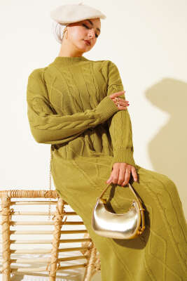 Kıvrım Örgülü Triko Elbise Yağ Yeşili - Elbise