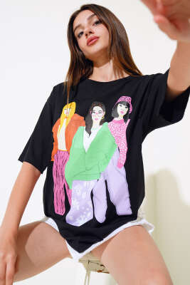 Kız Baskılı Salaş T-shirt Siyah - ADYES