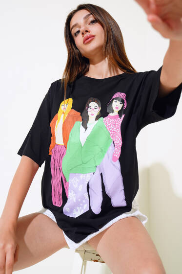 Kız Baskılı Salaş T-shirt Siyah - Yeni Giyim