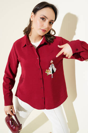 Kız Nakışlı Gömlek Bordo - Gömlek