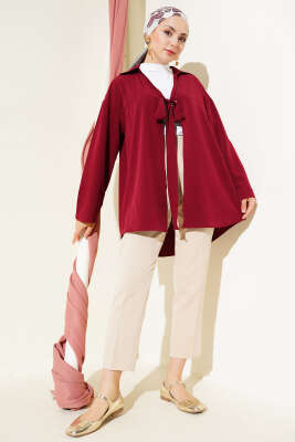 Klasik Yaka Bağlamalı Kimono Bordo - Dış Giyim&Mont
