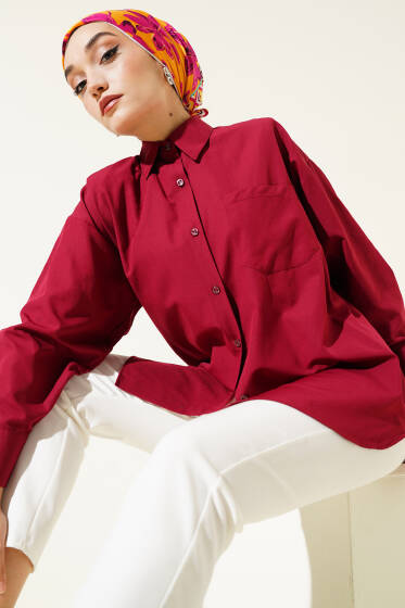 Klasik Yaka Cepli Gömlek Bordo - 300-500 TL Ürünler