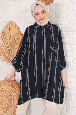 Klasik Yaka Çizgili Siyah Tunik - Tunik