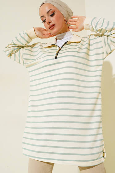 Klasik Yaka Çizgili Tunik Çağla Yeşili - Tunik