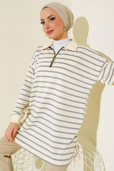 Klasik Yaka Çizgili Tunik Füme - Tunik