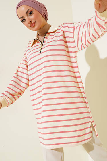 Klasik Yaka Çizgili Tunik Gül Kurusu - Tunik