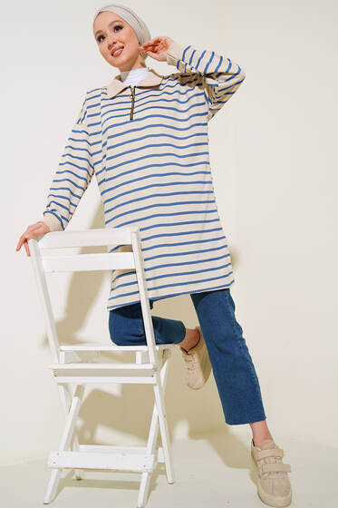 Klasik Yaka Çizgili Tunik İndigo - Tunik