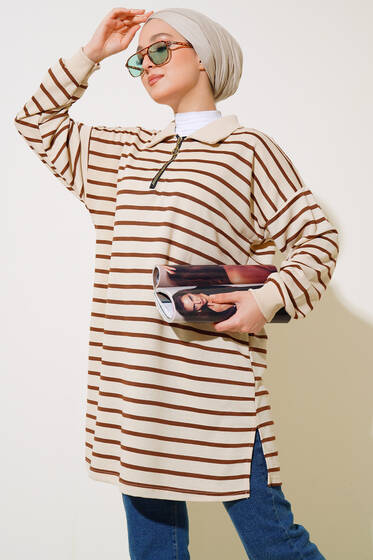 Klasik Yaka Çizgili Tunik Kahve - Tunik